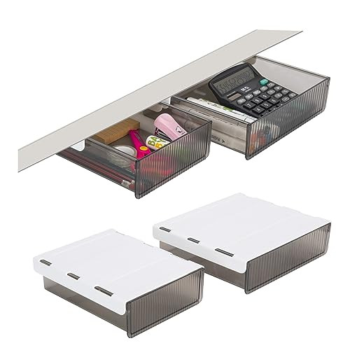 2 Pack Under Desk Storage Drawer Slide Out, Self Adhesive Under Table Drawer Organizer Dark