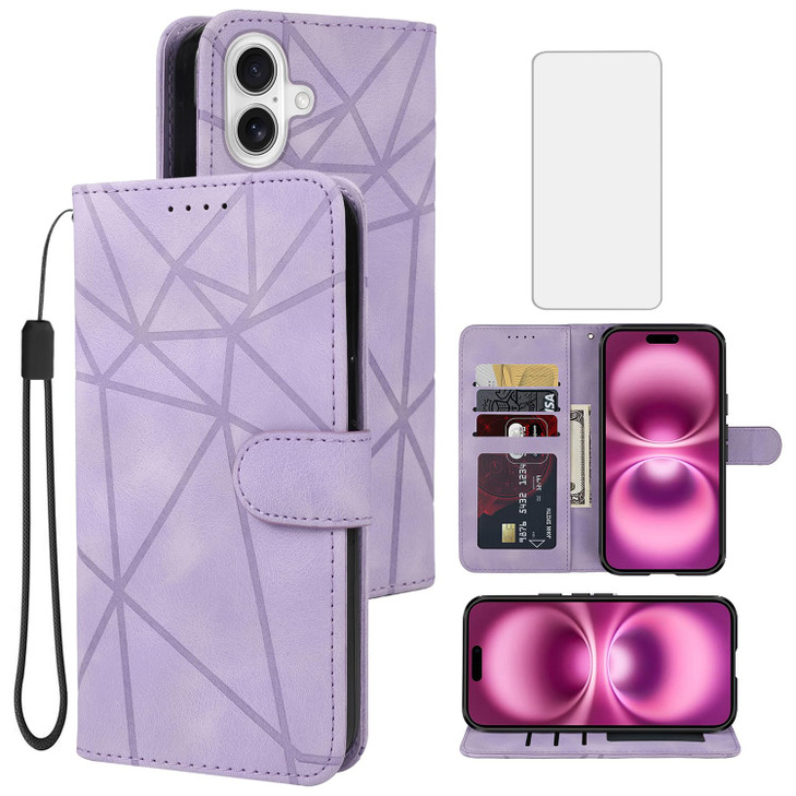 Tothedu Case for iPhone 16 Plus Wallet Case with Tempered Glass Screen Protector, Flip Leather Credit Card Holder Wrist Strap Stand Phone Cover for i