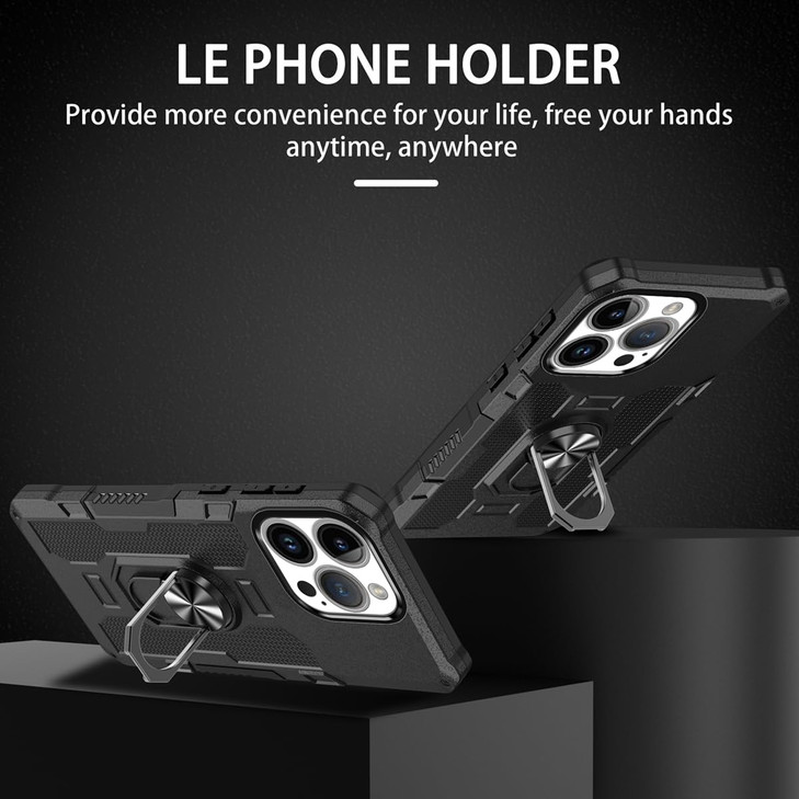 Ueokeird Case for iPhone 16 Pro Max Case with Tempered Glass Screen Protector, Heavy Duty Protection with Metal Ring Magnetic Kickstand Phone Cover f