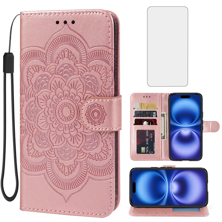 Bohefo Case for iPhone 16 Wallet Case with Tempered Glass Screen Protector, Mandala Leather Flip Credit Card Holder Stand Phone Cover Cases for iPhon