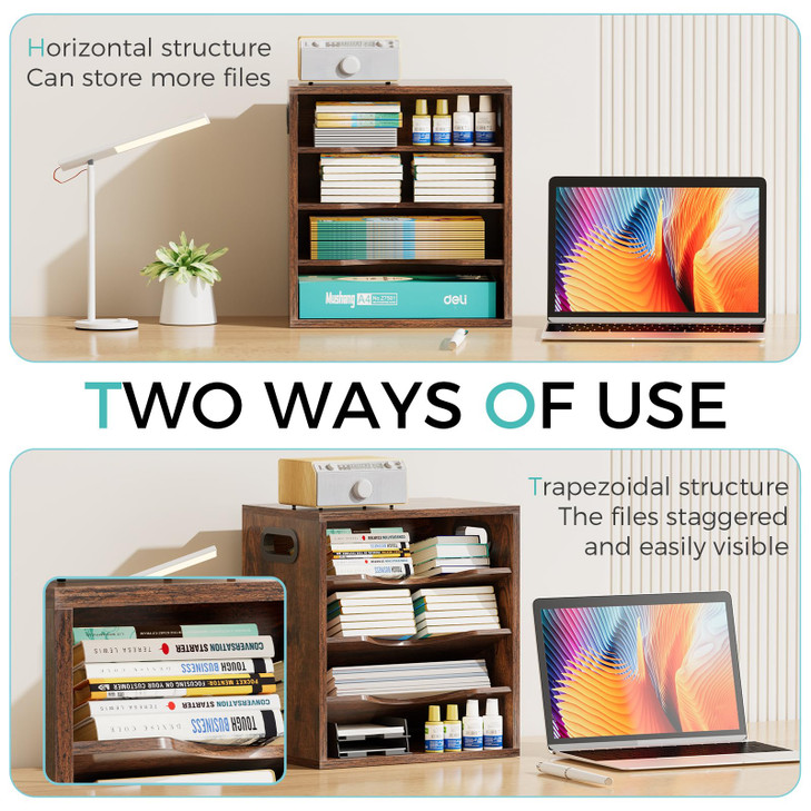 HavenlyYouth Vintage Wood File Organizer Desktop-14.5 Document Letter Mail Tray Sorter with 3 Adjustable Shelves Wooden Desk Organizer File Holder