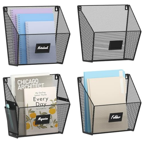 Yuzehuaza Mesh Wall File Holder, Hanging File Organizer, Mail Organizer Wall Mounted, 4 Packs Hanging Magazine Holder with Pencil Case for Classroom