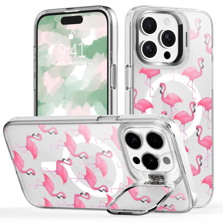 LuminousGuard for iPhone 16 Pro Case, Compatible with MagSafe, Cute Flamingo Magnetic Built-in Stash Stand Phone Case, Clear Shockproof Protective Co