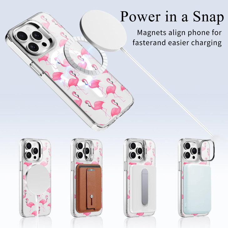 LuminousGuard for iPhone 16 Pro Case, Compatible with MagSafe, Cute Flamingo Magnetic Built-in Stash Stand Phone Case, Clear Shockproof Protective Co
