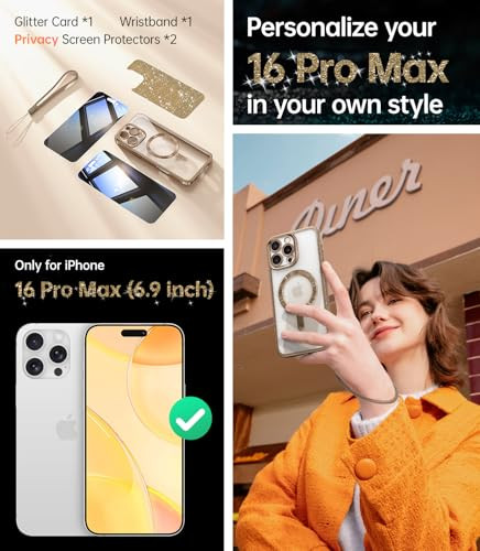 Meifigno for iPhone 16 Pro Max Case with 2X Privacy Screen Protectors, [Glitter Card & Wrist Strap][Compatible with MagSafe] Surround Lens Protection