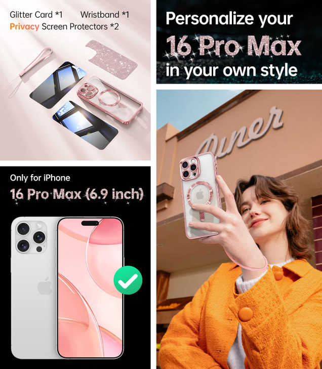 Meifigno for iPhone 16 Pro Max Case with 2X Privacy Screen Protectors, [Glitter Card & Wrist Strap][Compatible with MagSafe] Surround Lens Protection