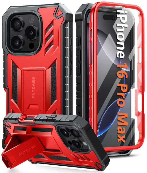 FNTCASE for iPhone 16 Pro-Max Case: Military Grade Drop Proof Protection Mobile Cover with Kickstand | Matte Textured Rugged Shockproof TPU | Protect