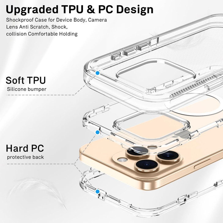 I-HONVA for iPhone 16 Pro Max Case Clear [Non Yellowing] [Compatible with MagSafe] Shockproof 3-Layer Full Body Protection Rugged Heavy Duty Cover Ca