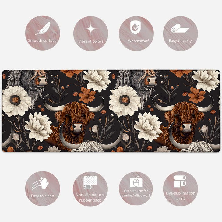Rustic Highland Cow & Floral Gaming Mouse Pad, Large Cows Desk Mat for Laptop Keyboard Computer, Non-Slip Rubber Base Desktop Extended Mousepad for O