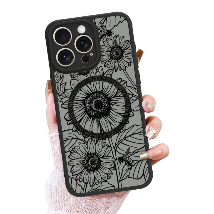 OOK Black Case Design for iPhone 16 Pro Case [Compatible with MagSafe], Cute Sunflower Floral Bee Design Frosted Shockproof for Women Girls Magnetic