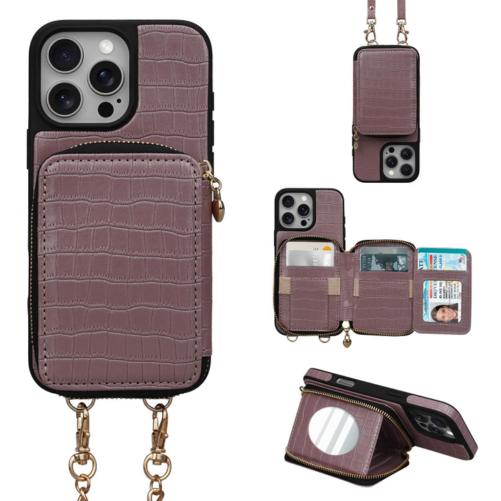 Stylivolve Crossbody Mirror Case Wallet for iPhone 16 Pro Max with Strap, Card Holder Kickstand, Zippered Purse Phone Cover for Women - 6.9", (Rose G