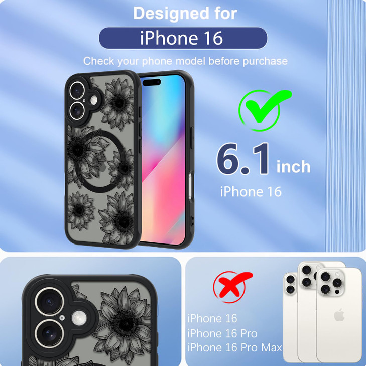 OOK Black Case Design for iPhone 16 Case [Compatible with MagSafe], Cute Sunflower Floral Blooms Design Frosted Shockproof for Women Girls Magnetic P
