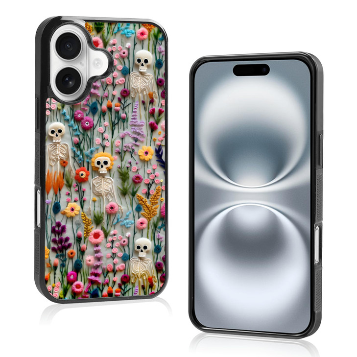 JKLASD Halloween Skeleton Phone Case Compatible with iPhone 16,Spooky Skulls in Wild Flowers Halloween Cases for Women Men