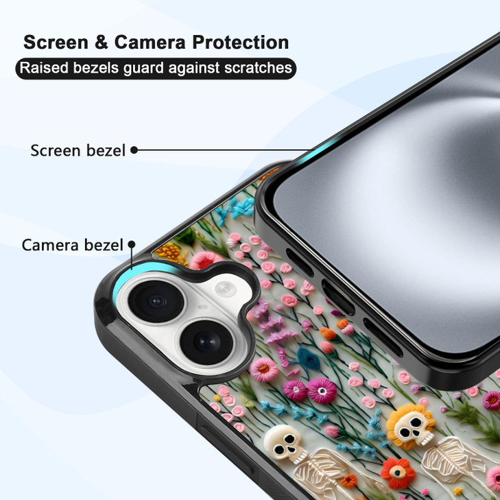 JKLASD Halloween Skeleton Phone Case Compatible with iPhone 16 Plus,Spooky Skulls in Wild Flowers Halloween Cases for Women Men