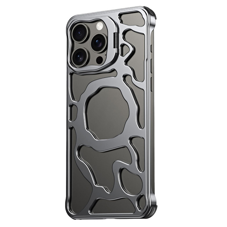 Case for iPhone 16 Pro Max/16 Pro/16, Slim Aluminum Alloy Heat Dissipation Phone Cover with Lens Kickstand Wireless Charging Metal Case(Gris,16 Pro)