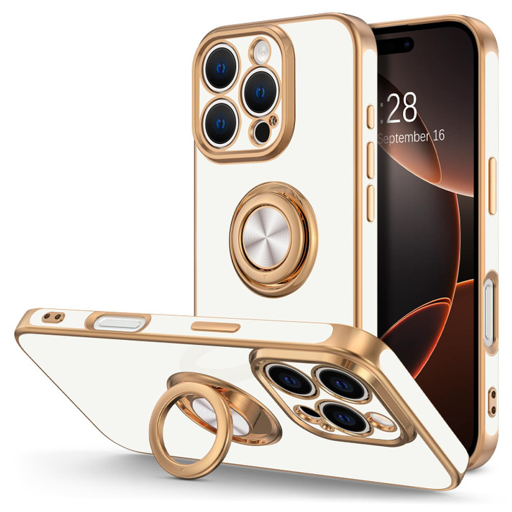 Hython for iPhone 16 Pro Max Case with Ring Stand, 360° Rotatable Ring Holder Magnetic Kickstand, Plating Rose Gold Edge Soft Cover Protective Phone