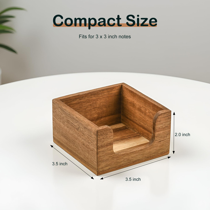 Chicvilla Acacia Wood Sticky Note Holder with 3 Pen Holders, 3x3 Post It Note Dispenser with Anti-Slip Pads, All-in-One Wooden Desk Organizer for Off