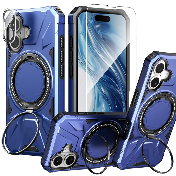 IDYStar for iPhone 16 Case with Screen Protector+360°Ring Holder Stand+Camera Lens Protector,Compatible with Magsafe,Dual Layer Protective Sturdy Mag