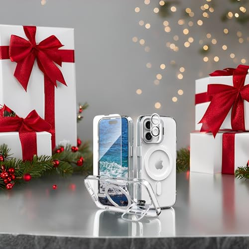 IDweel for iPhone 16 Case with Screen Protector & Camera Lens Protector,Compatible with MagSafe,Built-in Camera Stash Stand,Magnetic Hard Back Soft E