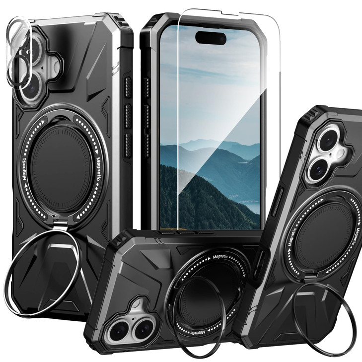IDYStar for iPhone 16 Plus Case with Screen Protector+Ring Holder Stand+Camera Lens Protector,Compatible with Magsafe,Dual Layer Protective Sturdy Ma