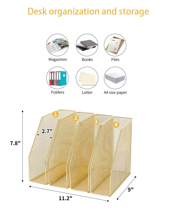 AUPSEN File Organizer for Desk, 4-Pack Magazine Binder Holder Desk File Organizer, Mesh File Folder Organizer for Home Office Organization (Gold)