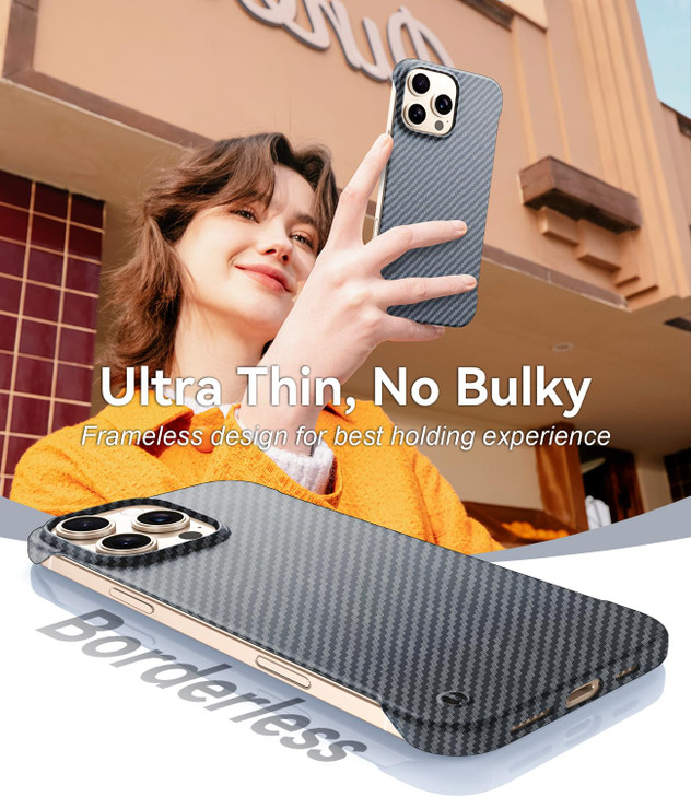 GRECAZO Magnetic Ultra-Thin Frosted Soft Touch Skin Borderless Carbon Fiber Bump Texture for iPhone 16 Pro Frameless Case 6.3" Slim Minimalist Lightw
