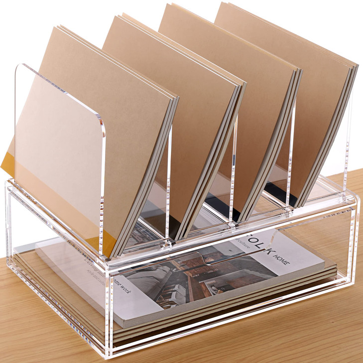 DINGHUO Acrylic Desk Organizer, 4 Sections Upright Sorter Desk Accessories Paper File Organizer with Drawer Letter Tray, Clear Office Supplies - 1 Pa