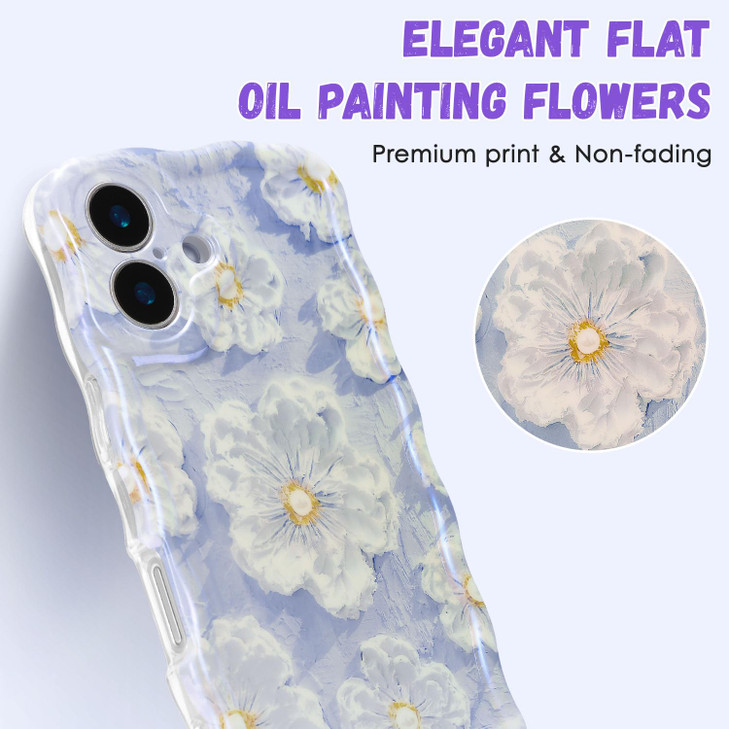 QLTYPRI Case for iPhone 16, Laser Colorful Retro Oil Painting Flower Pattern Cute Curly Wave Border Exquisite Phone Case for Girls Women, Shockproof