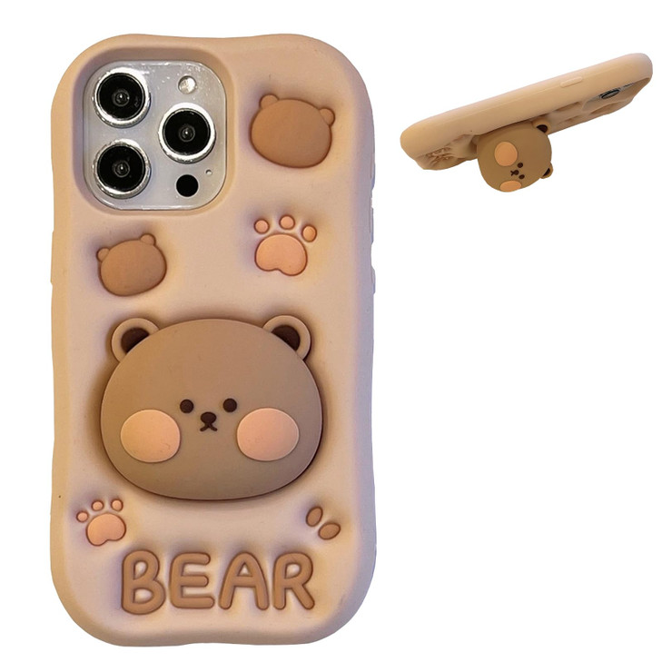 YAKVOOK Bracket Phone Case Compatible with iPhone 16 Pro?Cute 3D Cartoon Bear Holder Funny Soft Silicone Shockproof Protective Cover for Women Girls
