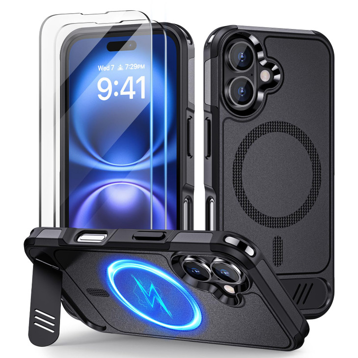 Lanhiem Magnetic for iPhone 16 Case with Stand, 2 Pack [Tempered Glass Screen Protectors], Military Grade Drop Protection Adjustable Kickstand Slim M