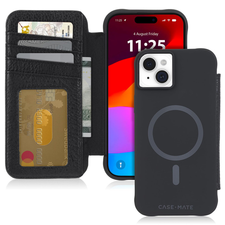Case-Mate Wallet Folio iPhone 15 Plus Case - Black [12ft Drop Protection] [Compatible with MagSafe] Magnetic Flip Folio Cover Made with Genuine Pebbl