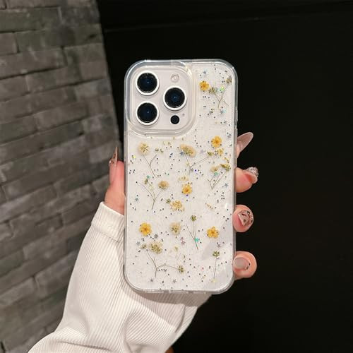 Shinymore Compatible with iPhone 16 Pro Max Flower Case, Soft Clear Flexible Rubber Pressed Dry Real Flowers Girls Glitter Floral Cover-Yellow