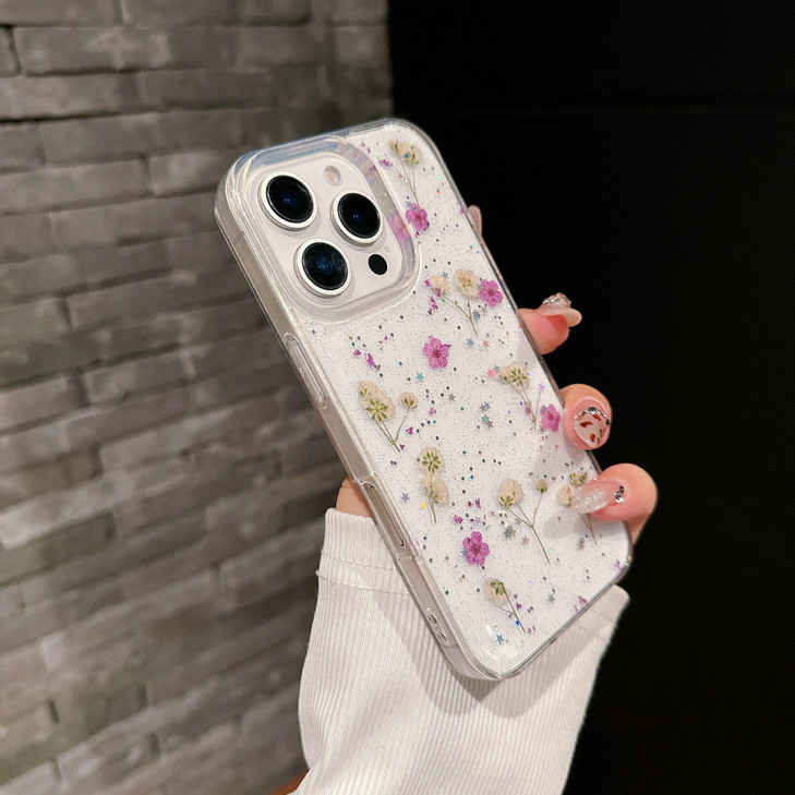 Shinymore Compatible with iPhone 16 Pro Max Flower Case, Soft Clear Flexible Rubber Pressed Dry Real Flowers Girls Glitter Floral Cover-Purple
