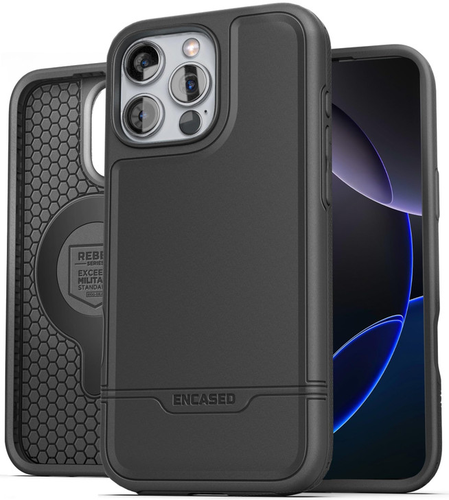 ENCASED Shockproof Case Compatible with iPhone 16 Pro - Ultra Protective Heavy Duty Magnetic Phone Cover, Rebel Series (Black)