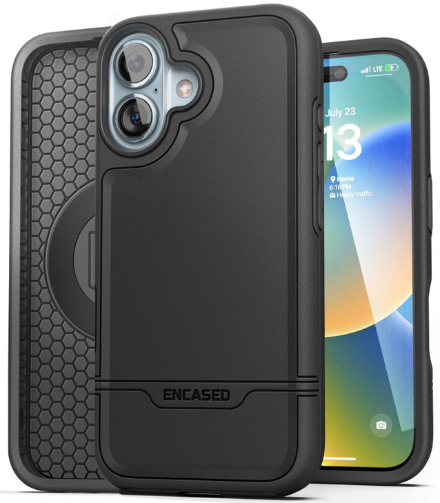 ENCASED Shockproof Case Compatible with iPhone 16 Plus - Ultra Protective Heavy Duty Magnetic Phone Cover, Rebel Series (Black, for iPhone 16 Plus)