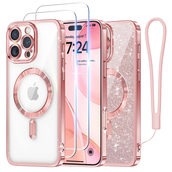 Meifigno Designed for iPhone 16 Pro Max Case 6.9", [Glitter Card & Wrist Strap] [Compatible with MagSafe] [2X Screen Protectors] Surround Raised Lens