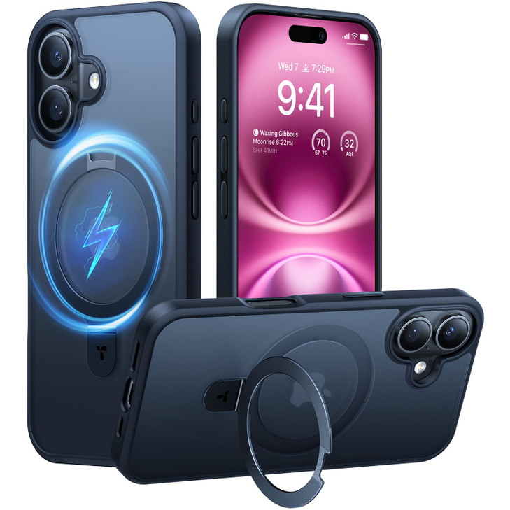 TORRAS Magnetic for iPhone 16 Case with Stand, Built-in Stand Compatible with MagSafe, 3X Military-Grade Protection, Translucent Slim Phone Case for