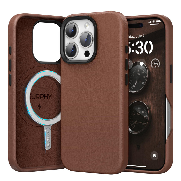 SURPHY Designed for iPhone 16 Pro Leather Case Compatible with MagSafe, Faux Leather Phone Case (Metallic Buttons, Microfiber Lining) for 16 Pro 6.3