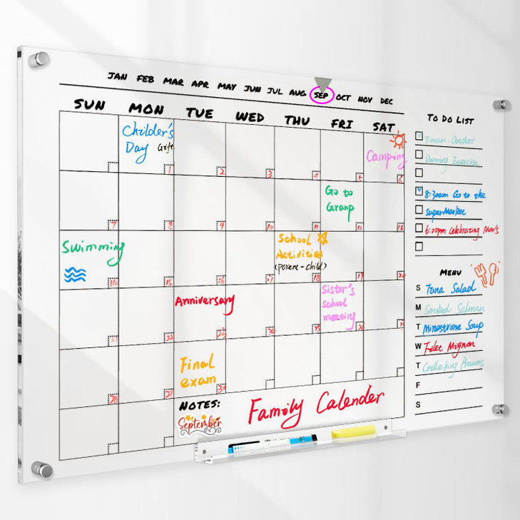 Large Acrylic Wall Calendar 28"  20"  Crystal Clear Dry Erase Monthly Planner with Marker Tray, Chalk Markers, Eraser & Sticky Notes | Reusable Acr