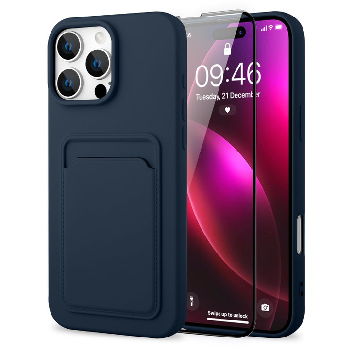 MZELQ Compatible with iPhone 16 Pro Max Case TPU Card Holder Wallet Cover,Camera Protection + Screen Protector Soft Card Slot Phone Case -Blue