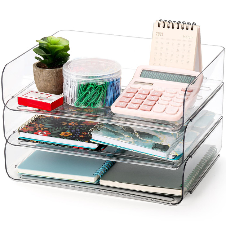 Okllen 3 Pack Stackable Paper Trays, Clear PET Desk Letter Tray Set, 3 Tier File Document Organizer Tray for A4 Paper, Magazine, Receipts, Office Sup