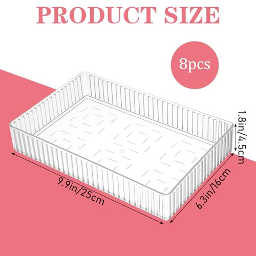 AojSup 8 Pcs Clear Drawer Organizers Bins, Makeup and Vanity Organizer Trays Set, Bathroom Drawer Storage Containers for Office, Kitchen & Vanity (9.