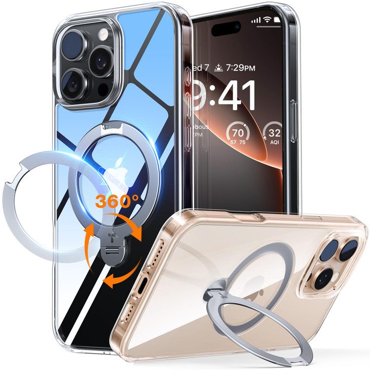 TORRAS 360 Spin Magnetic Stand for iPhone 16 Pro Case, 6.3", Compatible with MagSafe, Mil-Grade Protective Hard PC Soft Edge Case for iPhone 16 Pro,