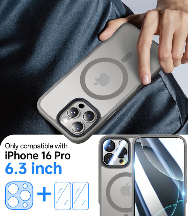 Meifigno Magnetic Case for iPhone 16 Pro 6.3, [with 2X Clear Screen Protectors & 1X Lens Protector] [Compatible with MagSafe], Shockproof Protectiv