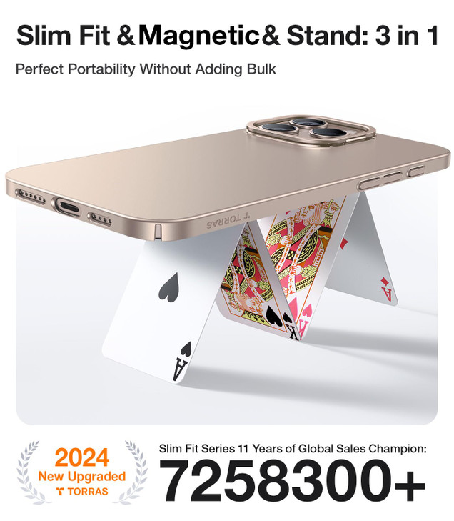 TORRAS Magnetic Slim Fit Case for iPhone 16 Pro with Stand, Compatible with MagSafe, Built-in Stash Stand, Ultra Thin, Anti-Scratch Matte Hard Phone