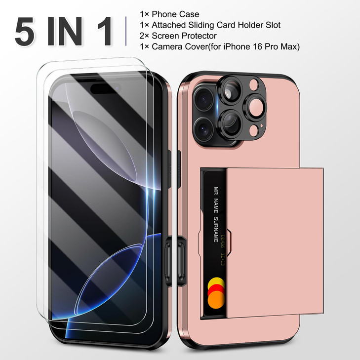 SAMONPOW for iPhone 16 Pro Max Case Wallet with Card Holder + 2 Screen Protector + 1 Camera Cover Full Body Heavy Duty Protective Dual Layer Shockpro