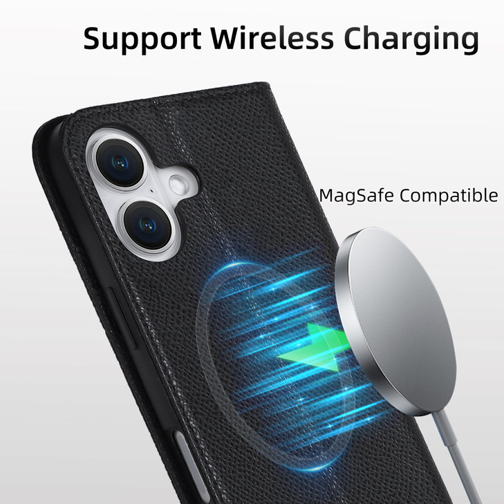 VISOUL Compatible with iPhone 16 Wallet Case, Real Leather Contrast Color Magnetic Kickstand Flip Folio Cover Designer for iPhone 16 (6.1-inch)-Black