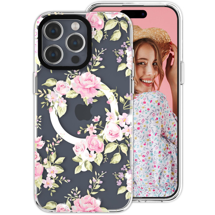 YeLoveHaw for iPhone 16 Pro Max Magnetic Clear Phone Case for Women Girls, Glitter Cute Floral Flower Pattern [Compatible with MagSafe] Slim Hard Pro
