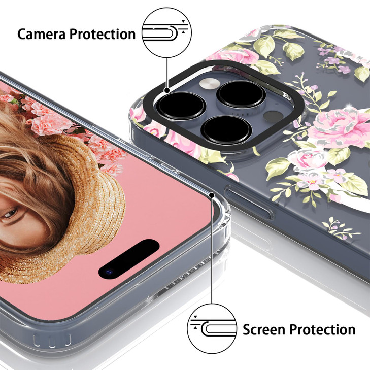 YeLoveHaw for iPhone 16 Pro Max Magnetic Clear Phone Case for Women Girls, Glitter Cute Floral Flower Pattern [Compatible with MagSafe] Slim Hard Pro