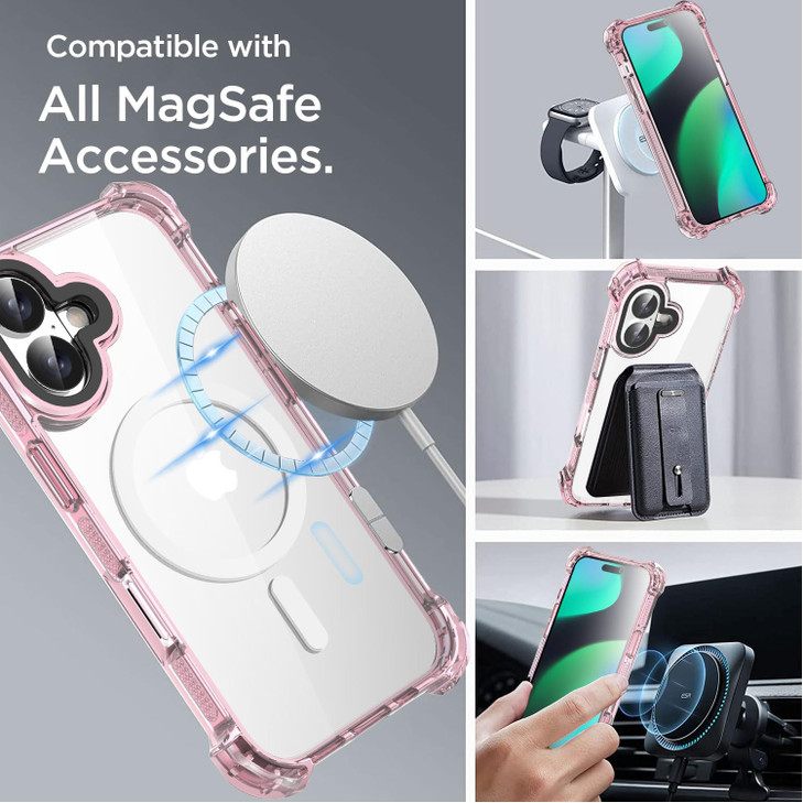AICase Bounce Case Compatible with iPhone 16 Plus Compatible with Magsafe Clear with Pink Bumper, Magnetic [Non-Yellowing] [21.3 FT Military Drop Pro